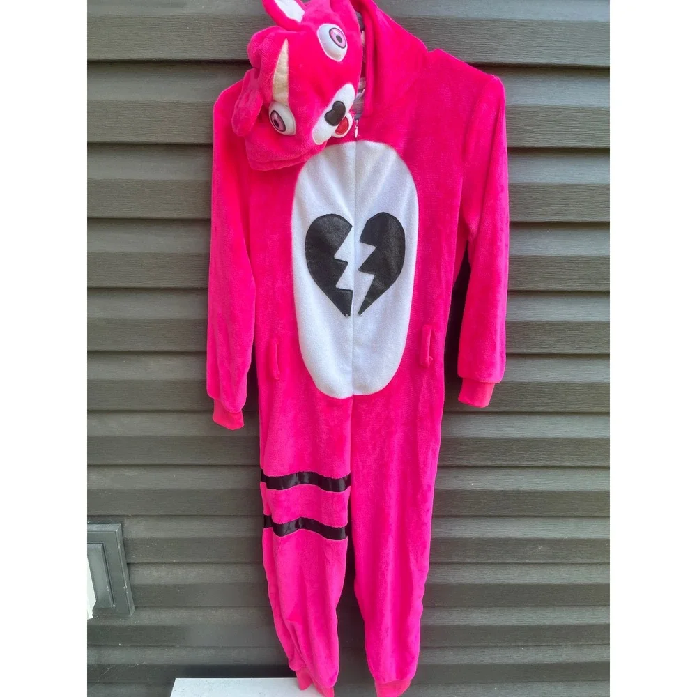 Fortnite Cuddle Team Leader Pink Bear Costume Hooded Bodysuit Youth Large 10-12